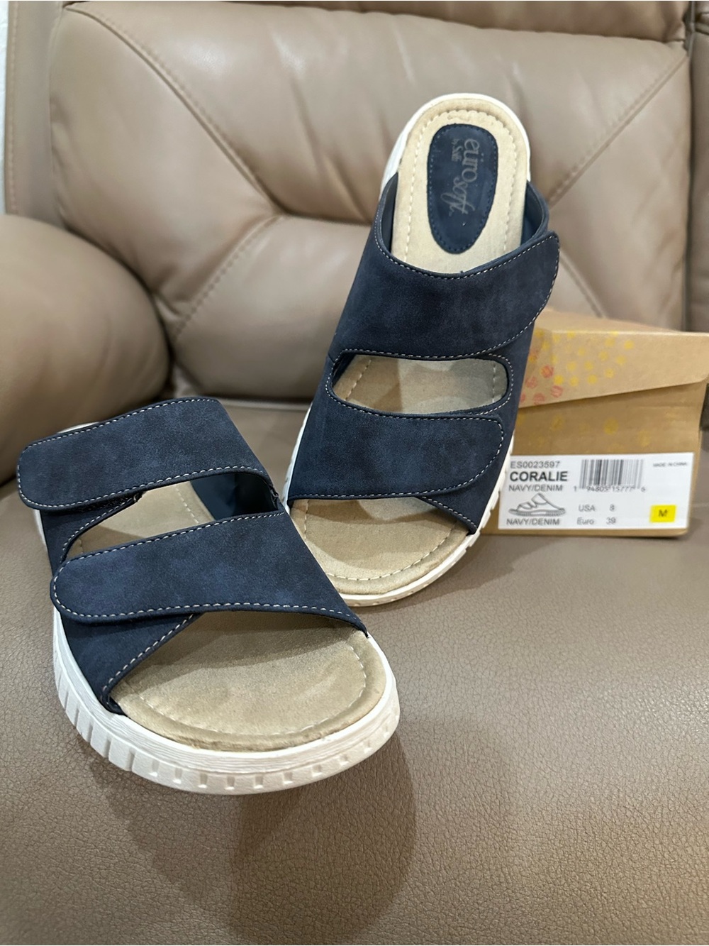 Sofft Coralie Navy Denim Double-Strap Slide Sandals